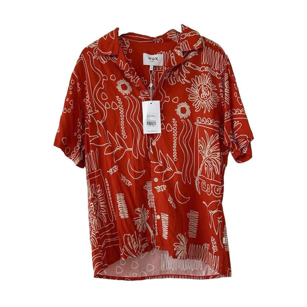 Wax London Didcot Short Sleeve Shirt Red Outlined Leaf Size Medium Camp Resort